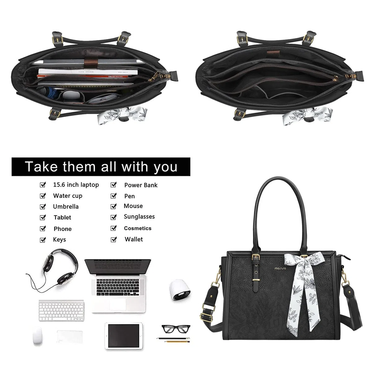 MOSISO Borsa Tote Laptop Donna,17-17,3 Pollici PU Pelle,Compatibile con MacBook,HP,Dell,Asus Notebook,Borsa Computer con Stampa Frontale Rilievo Ibisco Retro, Sciarpa Seta e Pochette,Nero