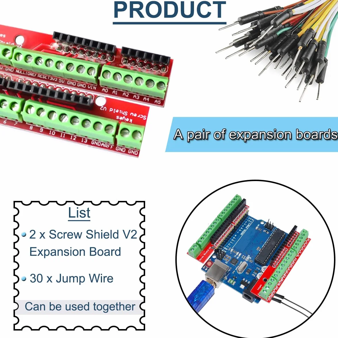 2PACK Vite Shield V2 Morsettiera Scheda di Espansione Impilabile (Doppio Supporto) per Arduino UNO R3 con Jump Wire