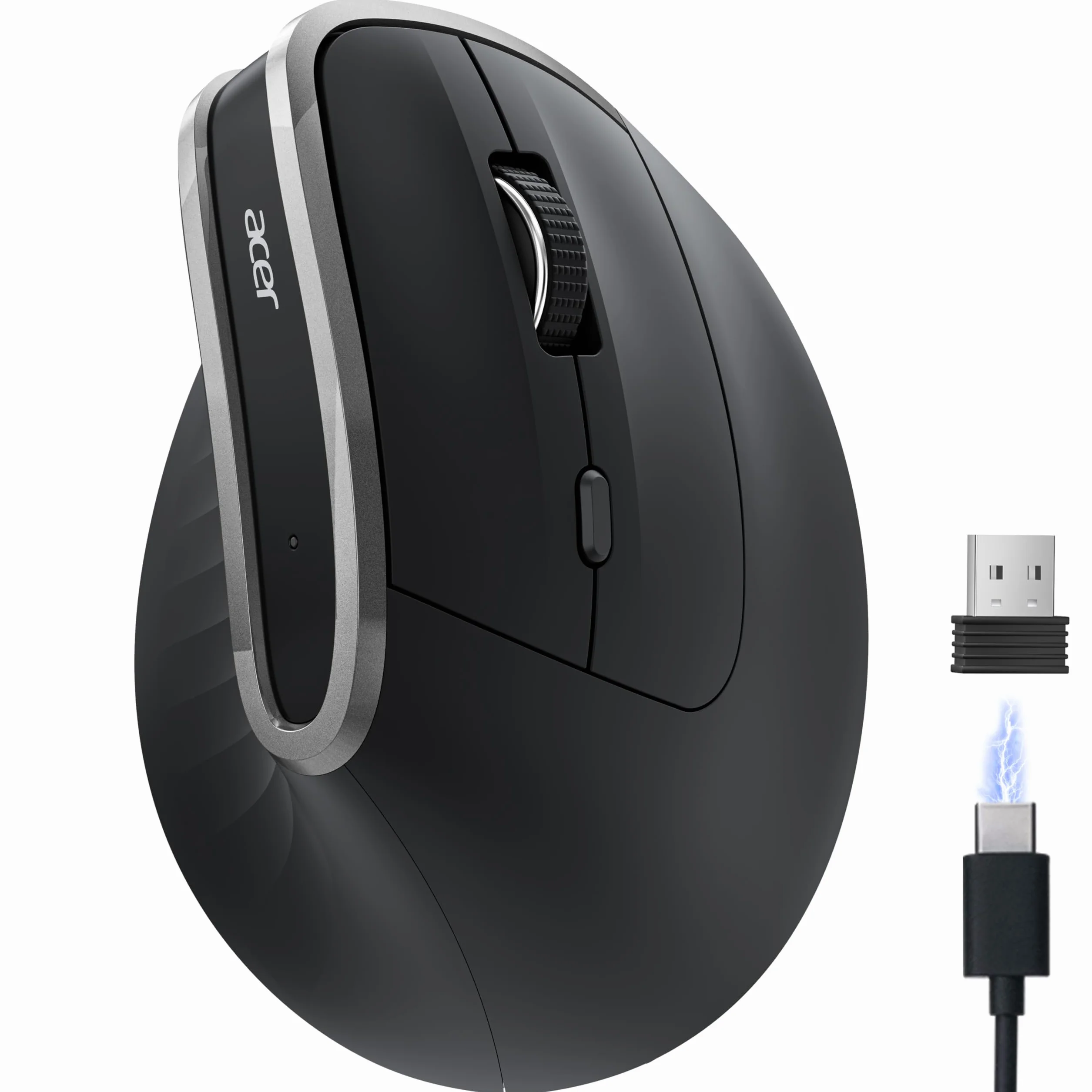 Acer Mouse Wireless Ergonomico, 2,4 GHz Mouse Verticale Senza Fili, USB C Ricaricabile, 3 DPI regolabili 1600, 6 pulsanti, Ricevitore USB per laptop, PC, iMac, desktop, ecc.