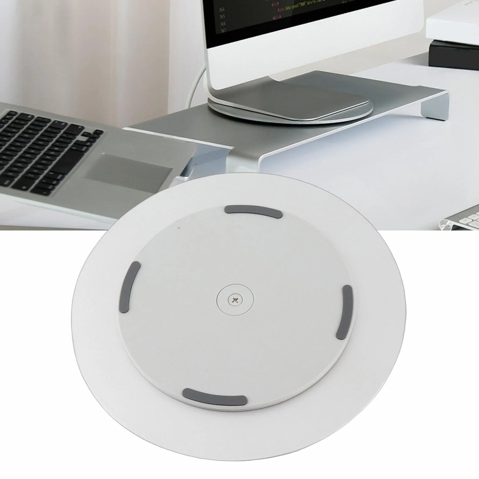 Base girevole per monitor per computer 360 °, 8.5in Supporto per giradischi per monitor in lega di alluminio argento silicone antiscivolo per computer, laptop, piante in vaso, arte e artigianato