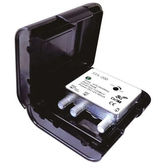 WEB Amplificatore Antenna TV da Palo STA-20D – 1 Ingresso UHF e 2 Uscite – Filtro 5G, Guadagno 30dB, 470-694MHz, Alimentazione 12V – Per Impianti DVB-T/T2