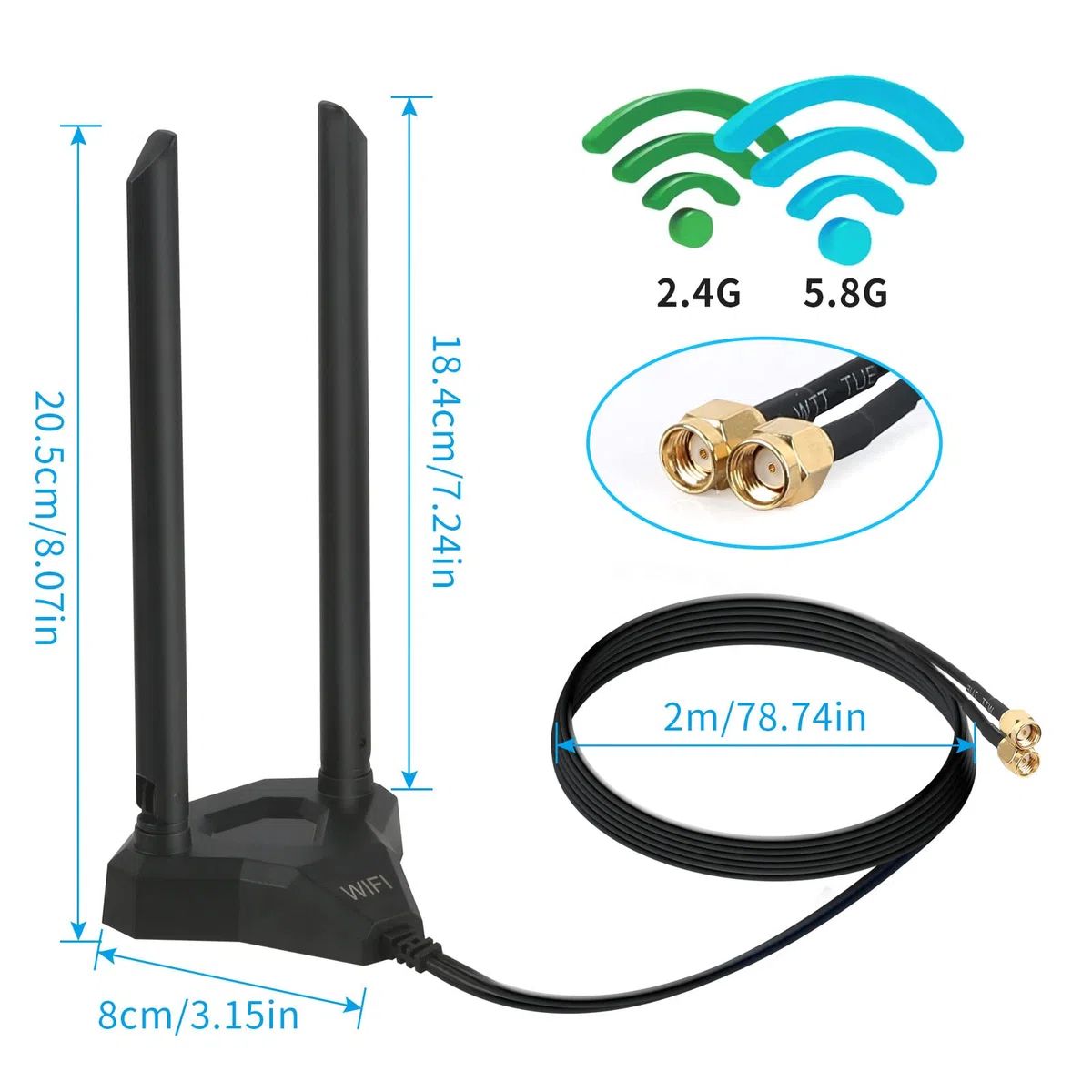 Antenna WiFi 8dBi Dual Band 2,4 GHz 5 GHz 5,8 GHz Connettore RP-SMA con Base Magnetica Compatibile con Router WLAN, Schede Madri PCI, Router Wireless, Moduli Bluetooth