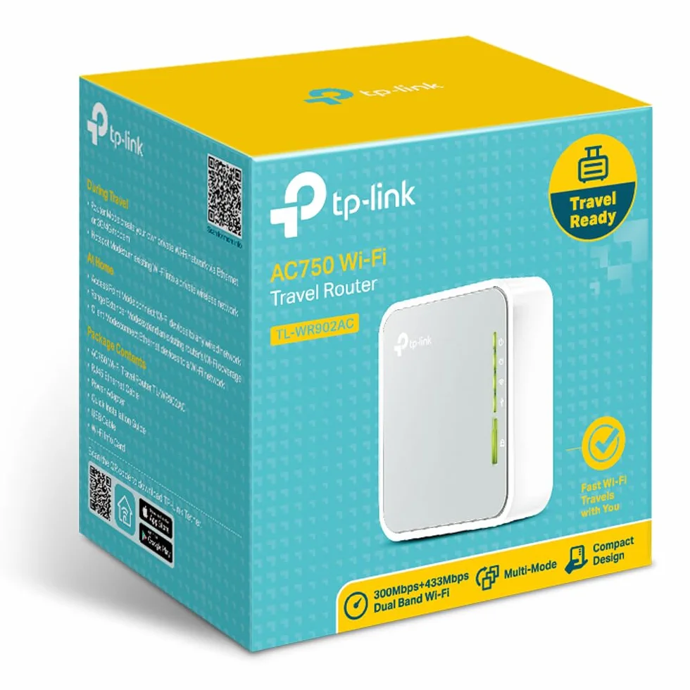 TP-Link Nano router WLAN TL-WR902AC AC750 (433 Mbit/s (5 GHz) +300 Mbit/s (2,4 GHz) (portatile, punto di accesso, adattatore TV, ripetitore, router, client, media, server FTP), bianco/grigio