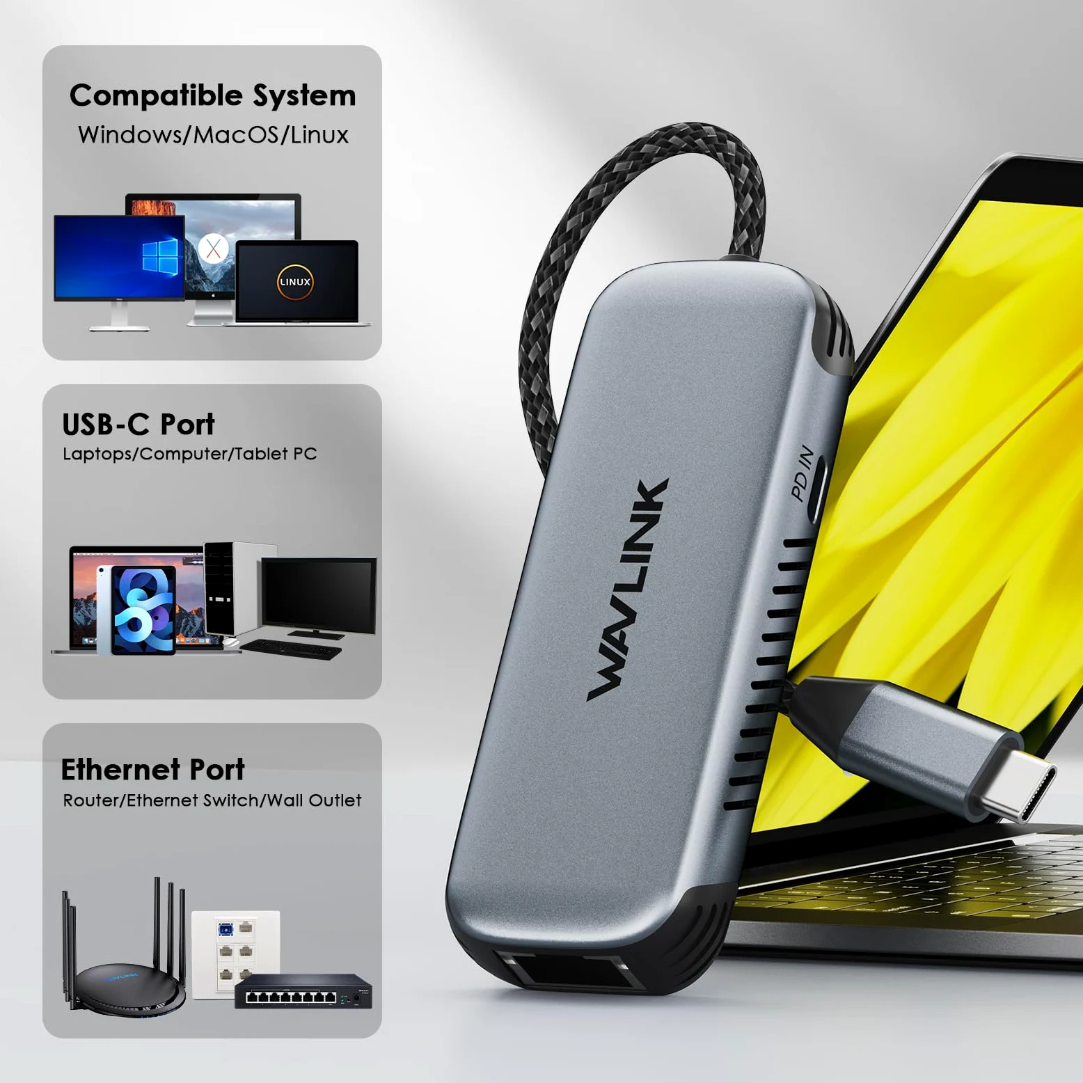 WAVLINK Adattatore USB C a Ethernet 5Gbps con PD 95W | Senza Driver | Compatibile PC, Mac, Linux (Windows 10/11, macOS 11+) | Scocca Alluminio | Rete Cablata