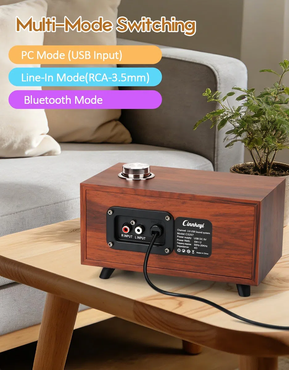 Barra sonora in legno - Altoparlanti per PC alimentati tramite USB | /Line-in/Bluetooth 3 modalità, barra sonora stereo compatta in legno per notebook, laptop, monitor, tablet