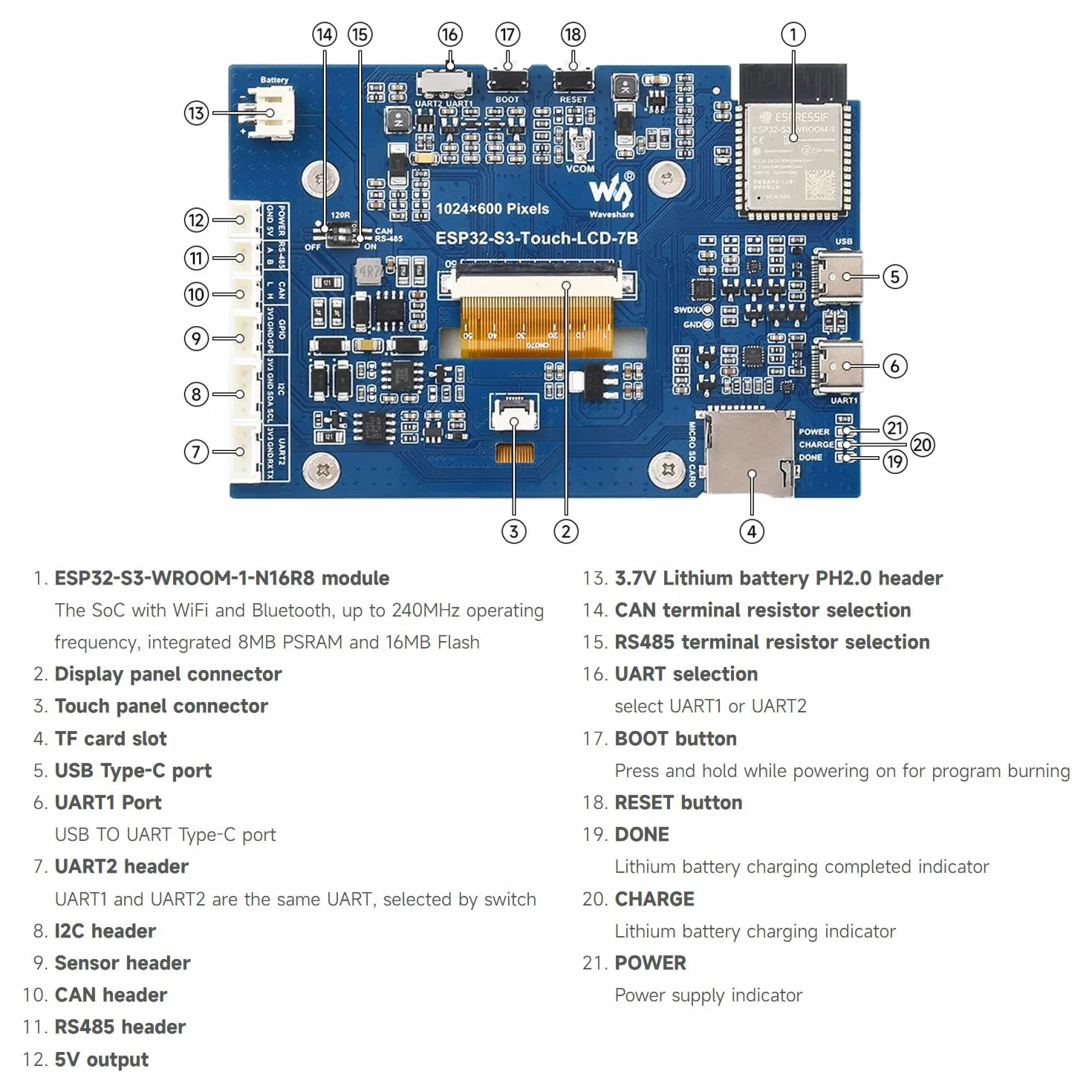 Waveshare ESP32-S3 Display 7inch LCD Development Board, 1024x600 Resolution, 32-bit LX7 Dual-Core Processor 240MHz, Wi-Fi & Bluetooth Support, Onboard Antenna, with Touch