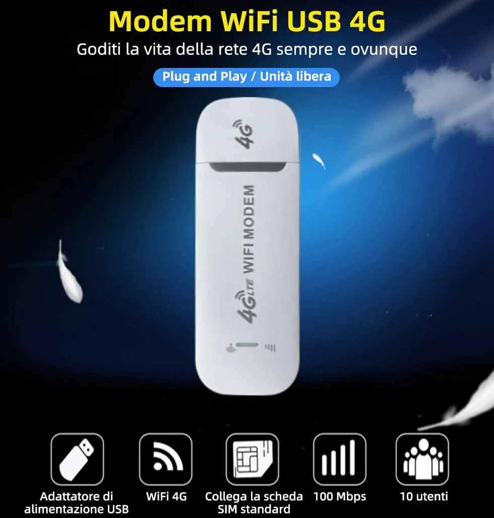 Modem Sim 4g LTE Wifi Portatile, Spina USB, Router Wireless con Supporto per Slot per Schede SIM, Supporto per Hotspot da Viaggio Portatile LTE B1/B3/B7/B8/B20/B38/B40/B41