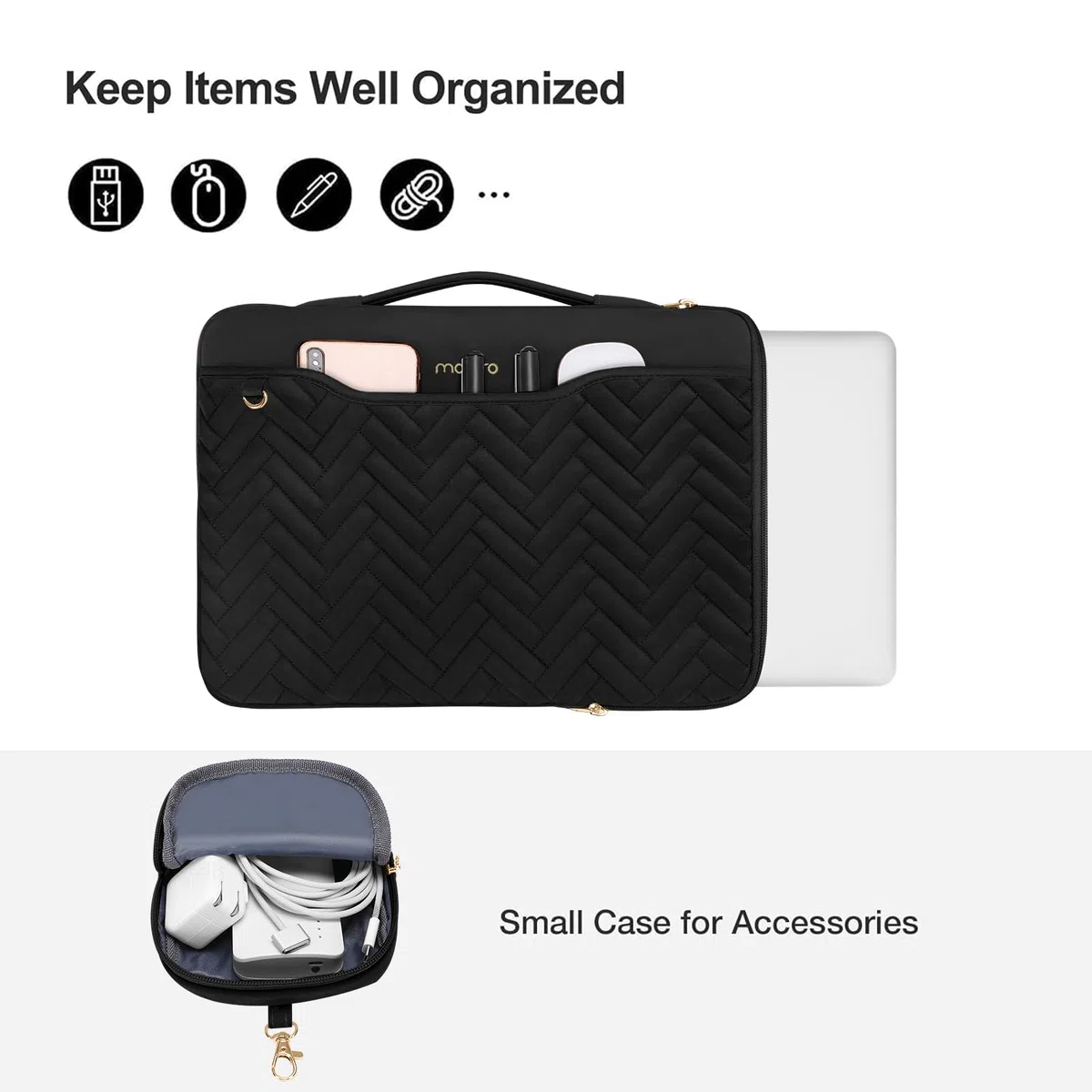 MOSISO 13-14 Pollici Custodia Laptop Protettivo,13,3 Pollici Borsa PC Compatibile con MacBook Air/Pro 13 13,6/Pro 14,HP,Dell,ASUS,Rettangolo Quilted Borse con Maniglia&Tasca&Valigetta, Nero