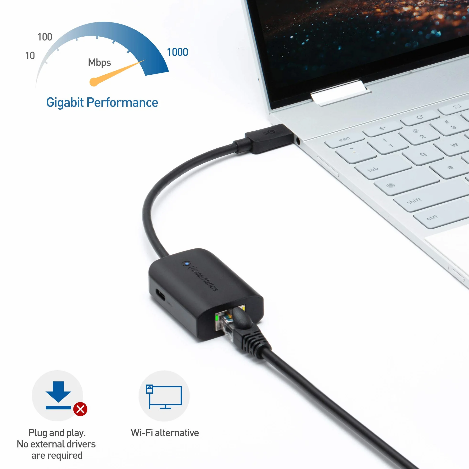 Cable Matters Adattatore da USB C a Gigabit Ethernet con ricarica da 100 W - Velocità Ethernet cablata fino a 480 Mbps per Chromecast con Google TV (versione Google TV Chromecast 2020), laptop e altro