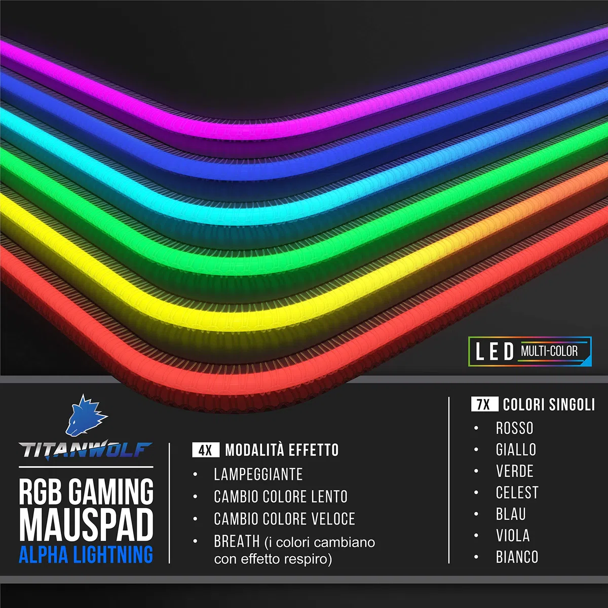 TITANWOLF - RGB Tappetino per Mouse da Gioco XXL - 800x300mm - 11 LED Colori e Effetti di Luce - Precisione e velocità - Lato Inferiore gommato - Lavabile
