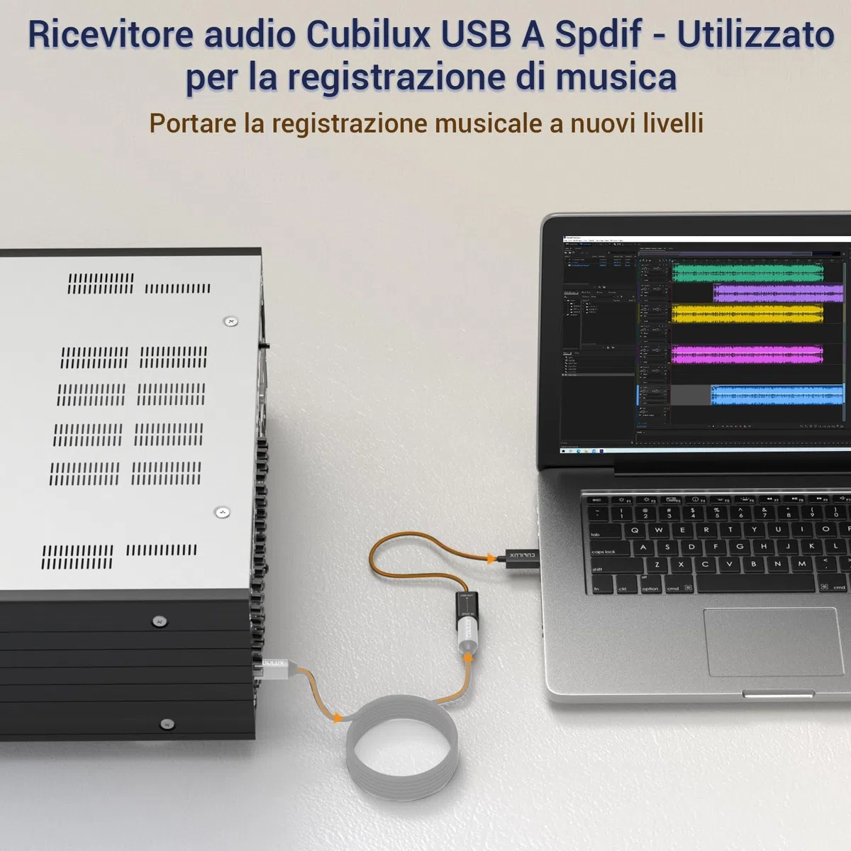 Cubilux Adattatore Ingresso SPDIF USB-A per PC, Dongle Ottico TOSLINK USB RX SDPIF [SOLO Registrazione Stereo Non Riproduzione Audio] per Laptop Computer