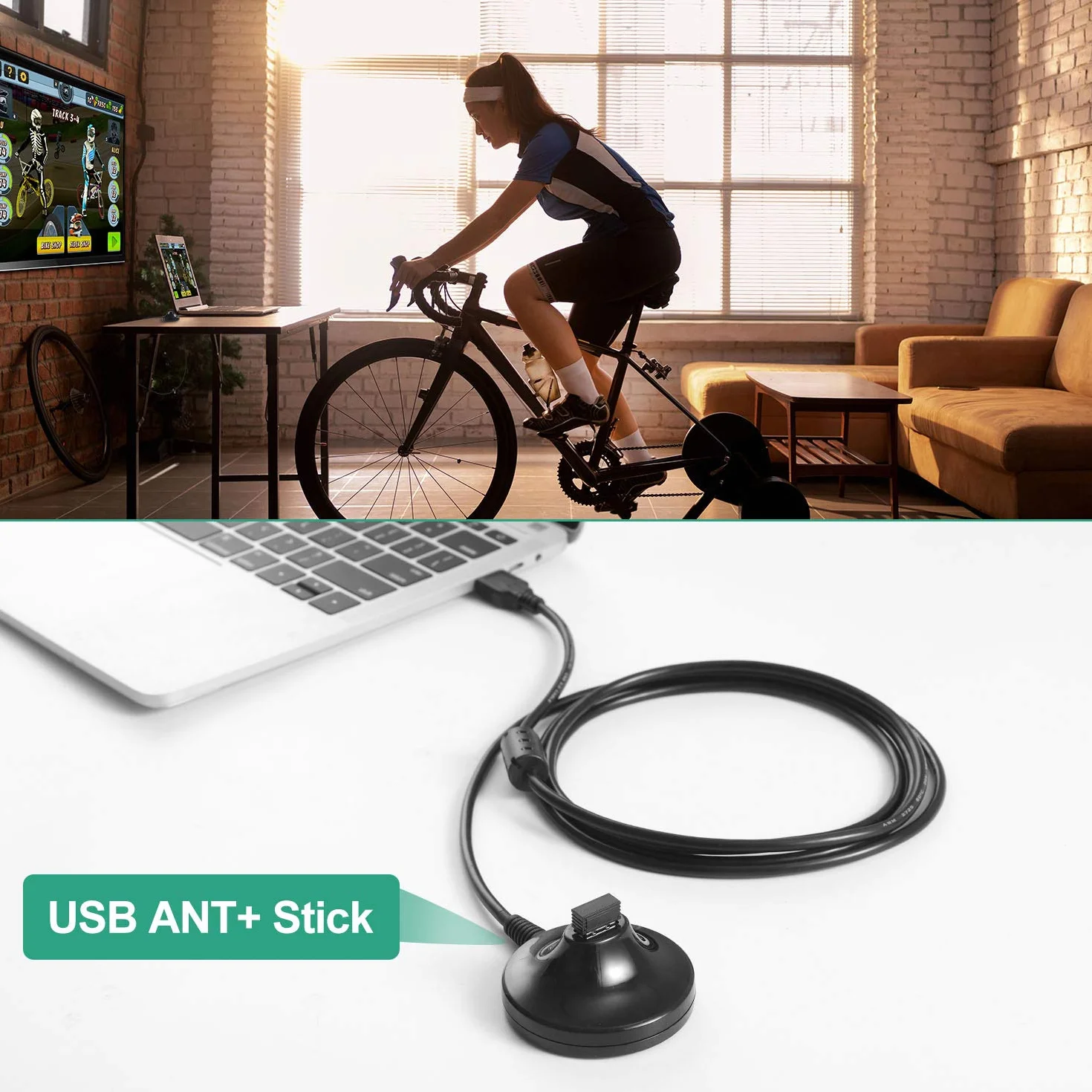 CooSpo ANT+ USB Stick Dongle Ricevitore Adattatore con Cavo di Estensione 6.56Ft per Zwift Bike Trainers BKOOL/TacX/Rouvy/Elite/PerfPRO Studio/Rouvy/Virtual Runner