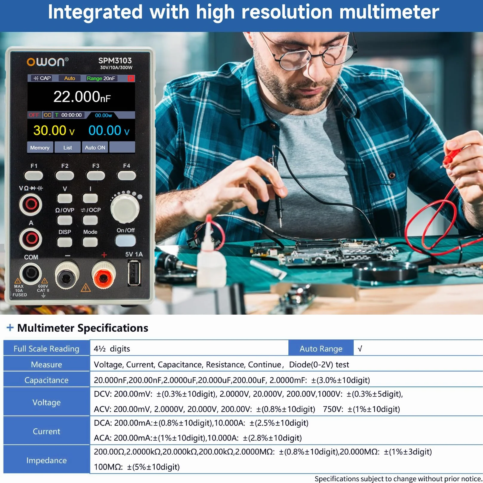OWON SPM3103 Alimentatore da Laboratorio +Multimetro 2 in 1 (0-30V, 0-10A), Alimentatore CC Variabile, Fuente de Alimentación de Laboratorio con LED da 2,8 Pollici ad Alta Precisione, Interfaccia USB