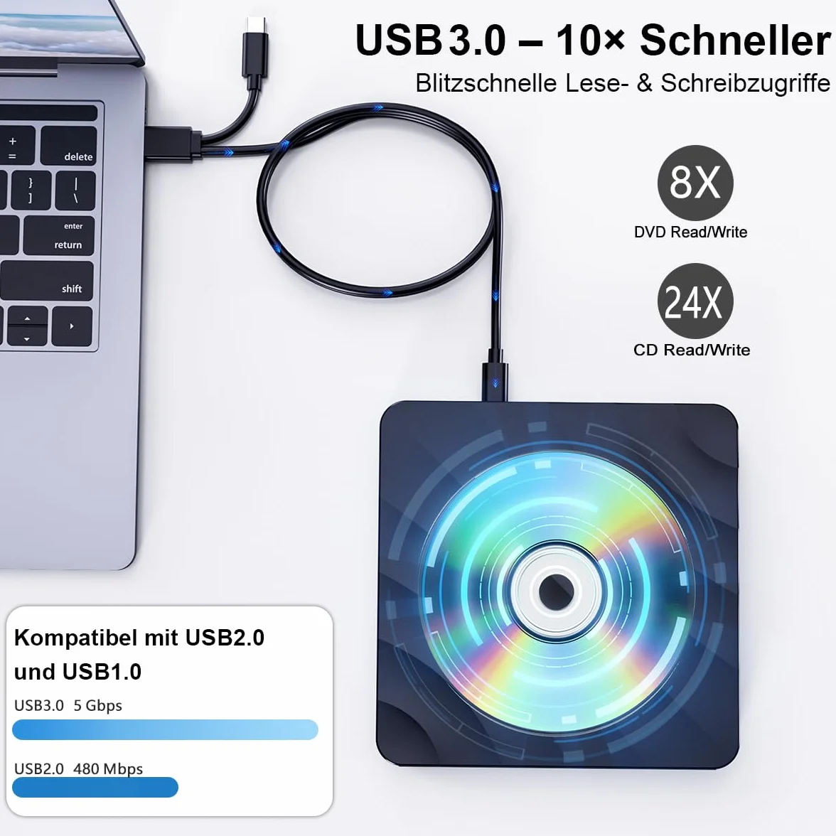Lettore CD DVD Esterno per PC: Masterizzatore DVD Esterno USB 3.0 Compatibile con Windows, Mac OS, Linux