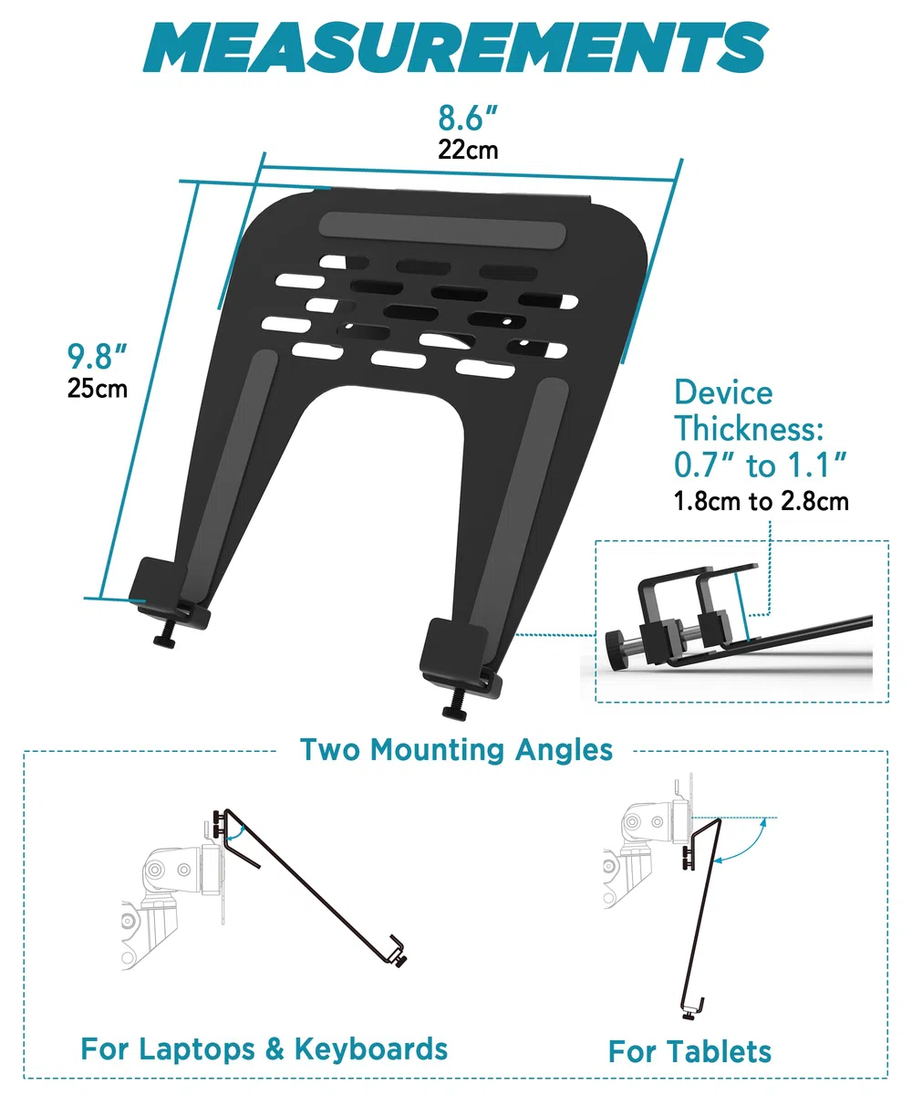 ULTRARM Supporto per Laptop – Vassoio in Acciaio Compatibile VESA 75/100, Piattaforma Ventilata, Portata 13 kg, Nero, MAAC-L