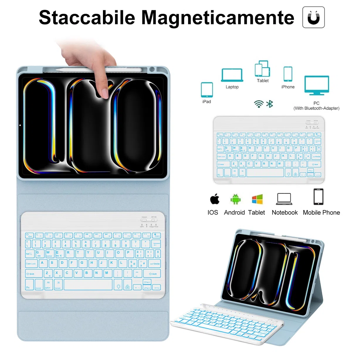 WINCHKING Custodia con Tastiera per iPad Pro 11" M5 2025/M4 2024, Cover Bluetooth Magnetica QWERTY Italiano Retroilluminata Tastiera per iPad Pro 11 Pollici (M5/M4, 2025/2024), Azzurro