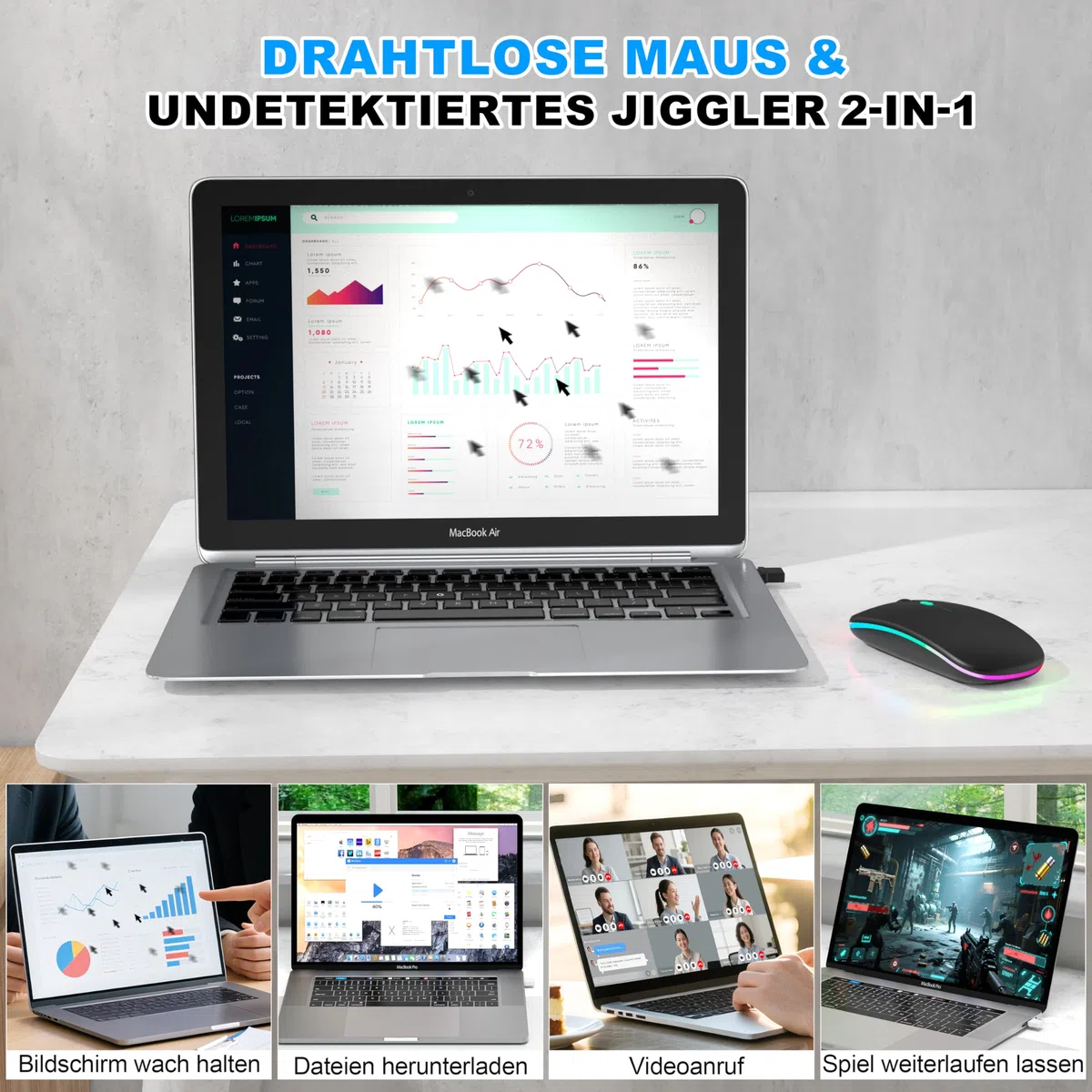 Mouse wireless con modalità jiggler – Bluetooth 5.2 & 2.4G radio per computer portatile, PC, iOS, Android, iPad e Windows, LED a 7 colori e 1600 DPI ottico (Modalità Jiggler, Nero)