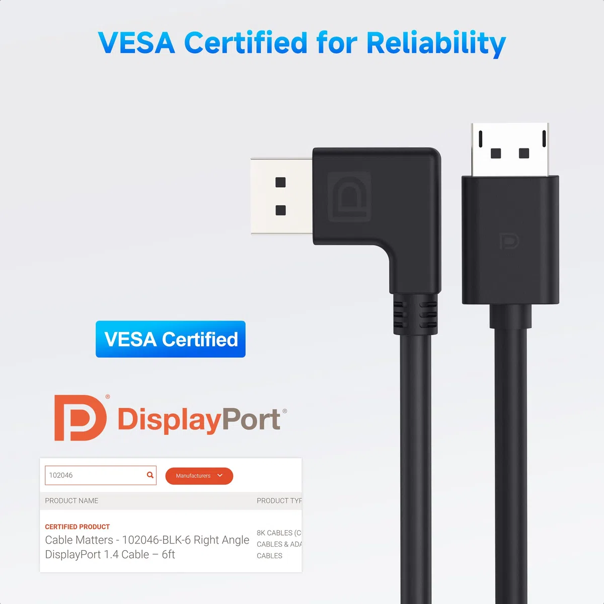 Cable Matters [certificato VESA] Cavo DisplayPort 1.4 ad angolo retto - 1,8 m, supporto 8K 60Hz, 4K 240Hz (cavo DisplayPort 1.4 ad angolo retto) con FreeSync, G-SYNC e HDR per monitor da gioco, PC