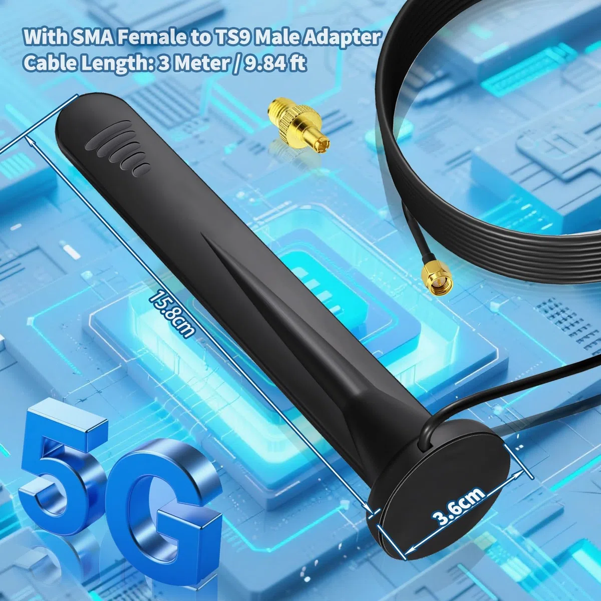 Bingfu Antenna 5G 4G LTE Esterna SMA TS9 5dBi Omnidirezionale Impermeabile con Base Magnetica 3 m Cavo per Router, Modem, Hotspot, Gateway, Sistema di Sorveglianza, Dispositivi IoT Casa Domotica