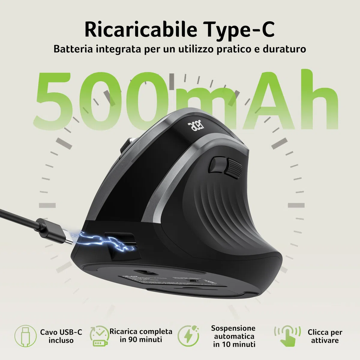 Acer Mouse Wireless Ergonomico, 2,4 GHz Mouse Verticale Senza Fili, USB C Ricaricabile, 3 DPI regolabili 1600, 6 pulsanti, Ricevitore USB per laptop, PC, iMac, desktop, ecc.