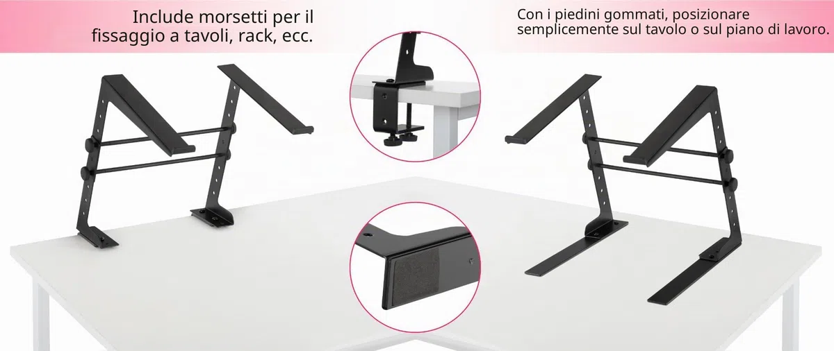 Pronomic LS-110 Supporto Laptop DJ Notebook Stand (Regolabile in Altezza, incl. morsetti di fissaggio, ideale per DJ e musicisti, materiale: acciaio) Nero