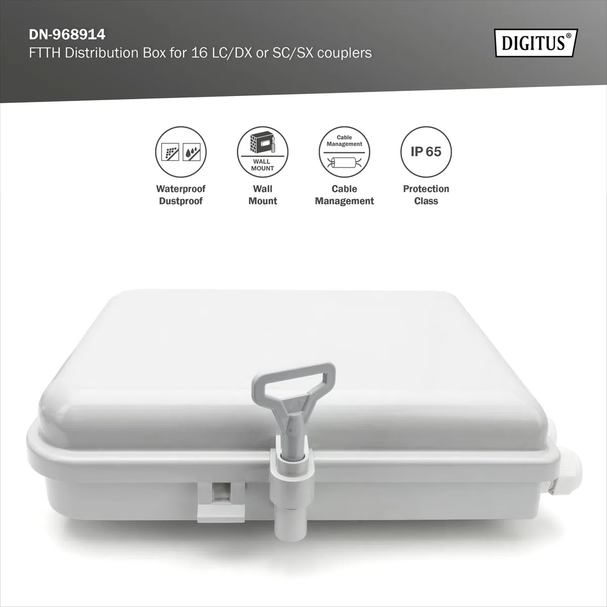 DIGITUS Scatola di distribuzione FTTH da esterno - 16x LC/Duplex o 16x SC/Simplex - Classe di protezione IP65 - Cassetta di giunzione per fibra ottica - Grigio