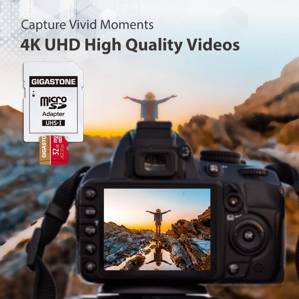 Gigastone Micro SD 32 GB, 4K Camera Pro Serie, A2 U3 UHS-1 V30, Velocità Fino a 90/30 MB/s. (R/W). Specialmente per Fotocamere Videocamera Nintendo Switch, con Adattatore SD