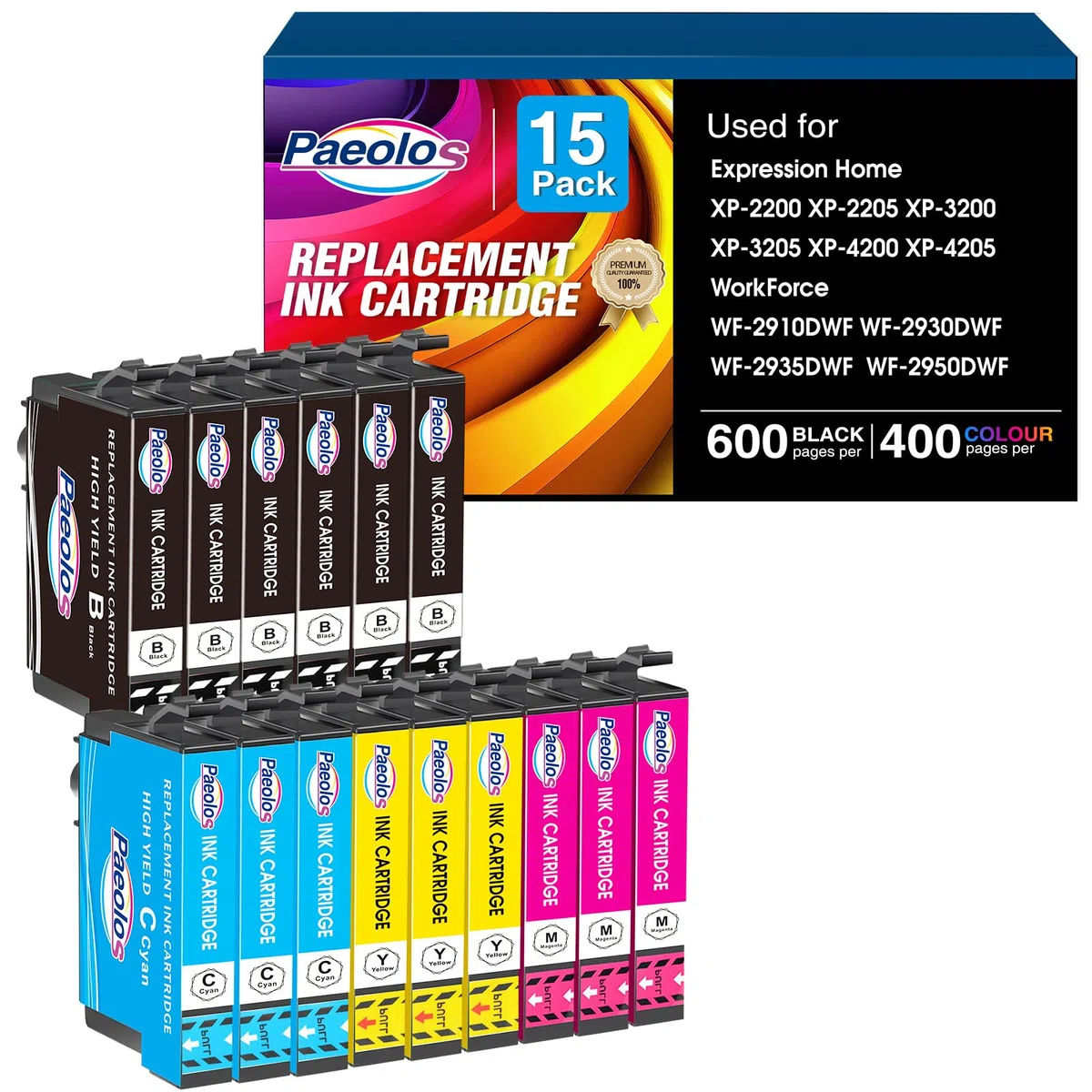 paeolos Ricambio per 604XL Cartucce Cartuccia Compatibili per Epson Expression Home XP-2200 XP-2205 XP-3200 XP-3205 XP-4200 XP-4205 Workforce WF-2910 WF-2930 WF-2950 (15 Pezzi)