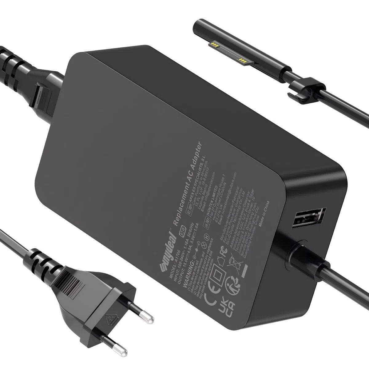 Alimentatore Surface 65W 15V 4A Caricatore per Microsoft Surface Pro 11/10 /9/8/7/7+ /X/6/5/4, Surface Laptop 7/6/5/4/3/2, Surface Book 3/2/1 Surface Go 4/3/2 1706 1800 Caricabatterie con USB