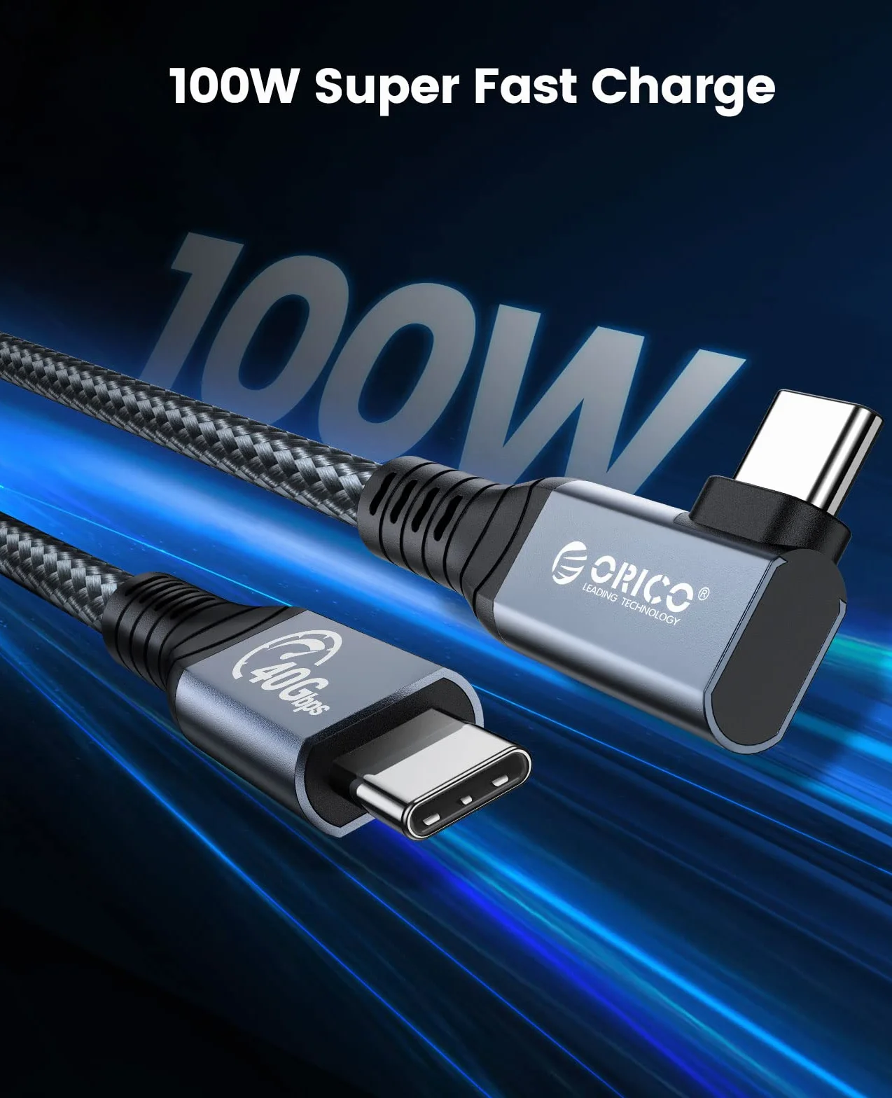 ORICO Cavo per Thunderbolt 4, Compatibile con Thunderbolt 3/USB4, Velocità di Trasferimento 40Gbps, 8K@60Hz (Due Display 4k@60Hz) con PD 100W (20V/5A) per PC, eGUP e Laptop (Angolo Destro, 0.3M)