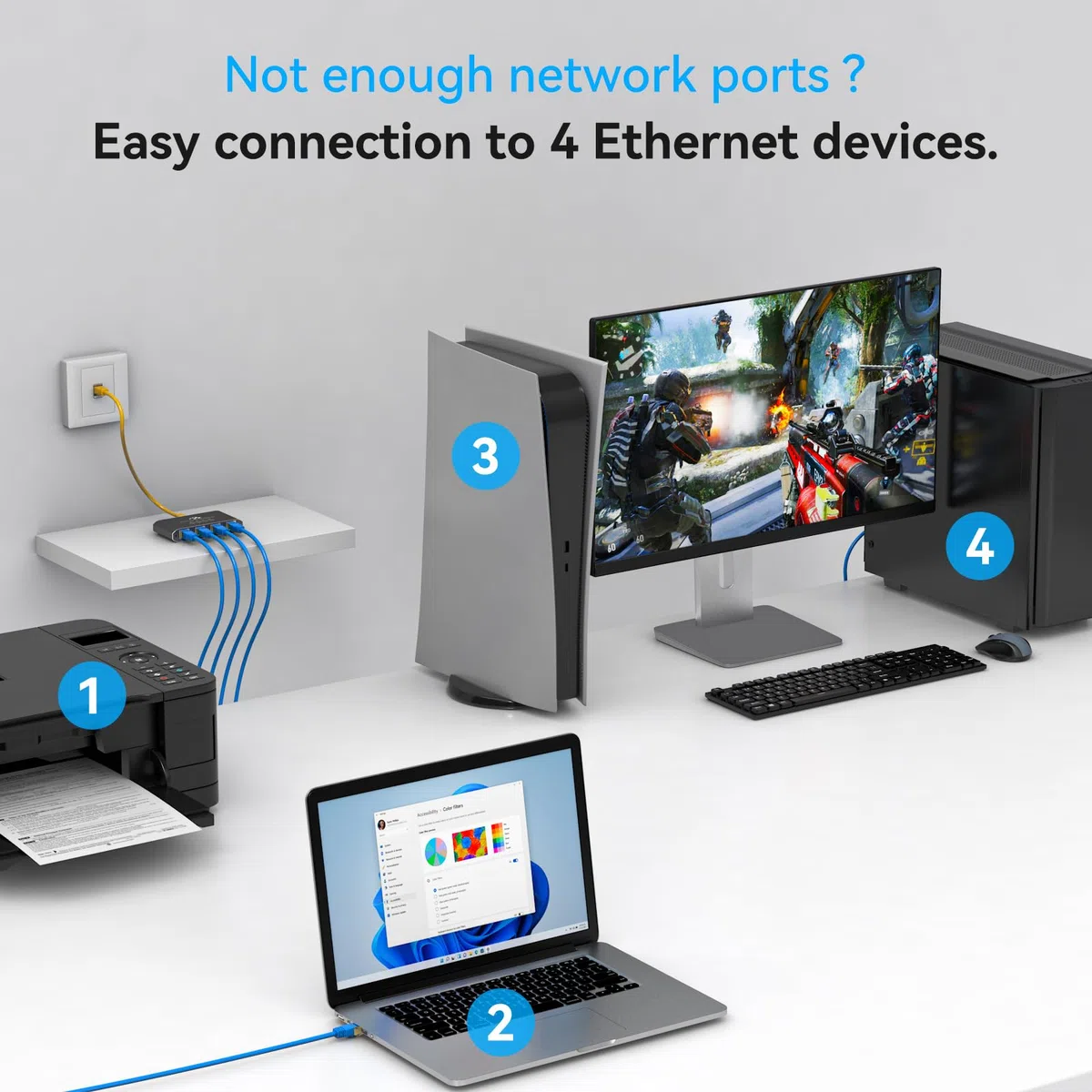 VEDINDUST Sdoppiatore Ethernet da 1 a 4 1000Mbps Switch di Rete LAN Gigabit 4 Porte Ethernet Splitter RJ45 LAN Splitter Con Cavo USB 3.0 a Type-C per Computer, Router, Set-top Box, TV