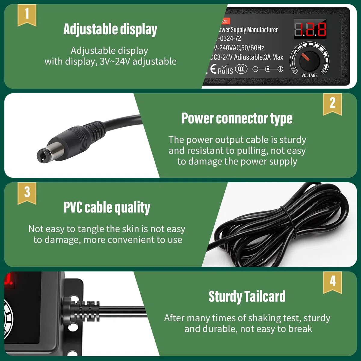 24 V Alimentatore Universale 72 W AC/DC Adattatore di Alimentazione Regolabile con 14 punte DC e Cavo di polarità inversa Caricabatterie universale per elettronica, 3000 mA Max.