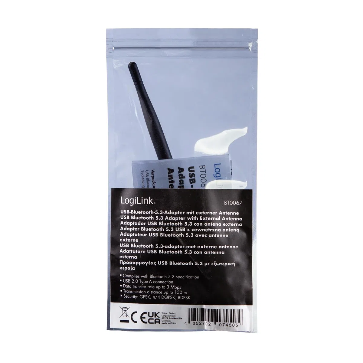LogiLink BT0067 - Adattatore BT 5.3 (USB 2.0) con antenna esterna e portata fino a 150 m