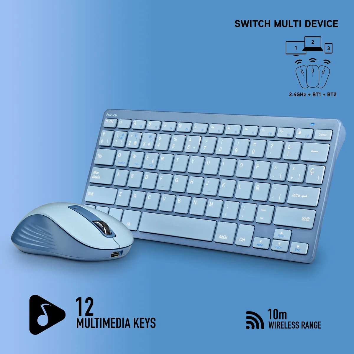 NGS Fantasy Kit Blue - Tastiera e mouse wireless QWERTY spagnolo, silenzioso ricaricabile, multimodalità 2.4 GHz e Bluetooth, 12 tasti multimediali, DPI regolabile, blu