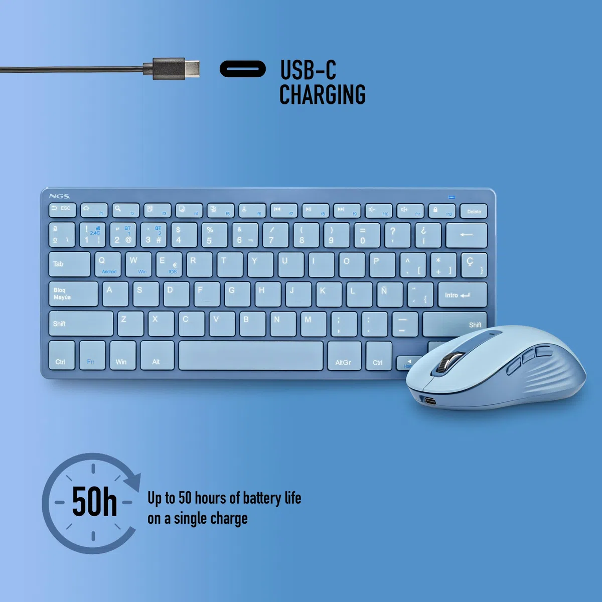 NGS Fantasy Kit Blue - Tastiera e mouse wireless QWERTY spagnolo, silenzioso ricaricabile, multimodalità 2.4 GHz e Bluetooth, 12 tasti multimediali, DPI regolabile, blu