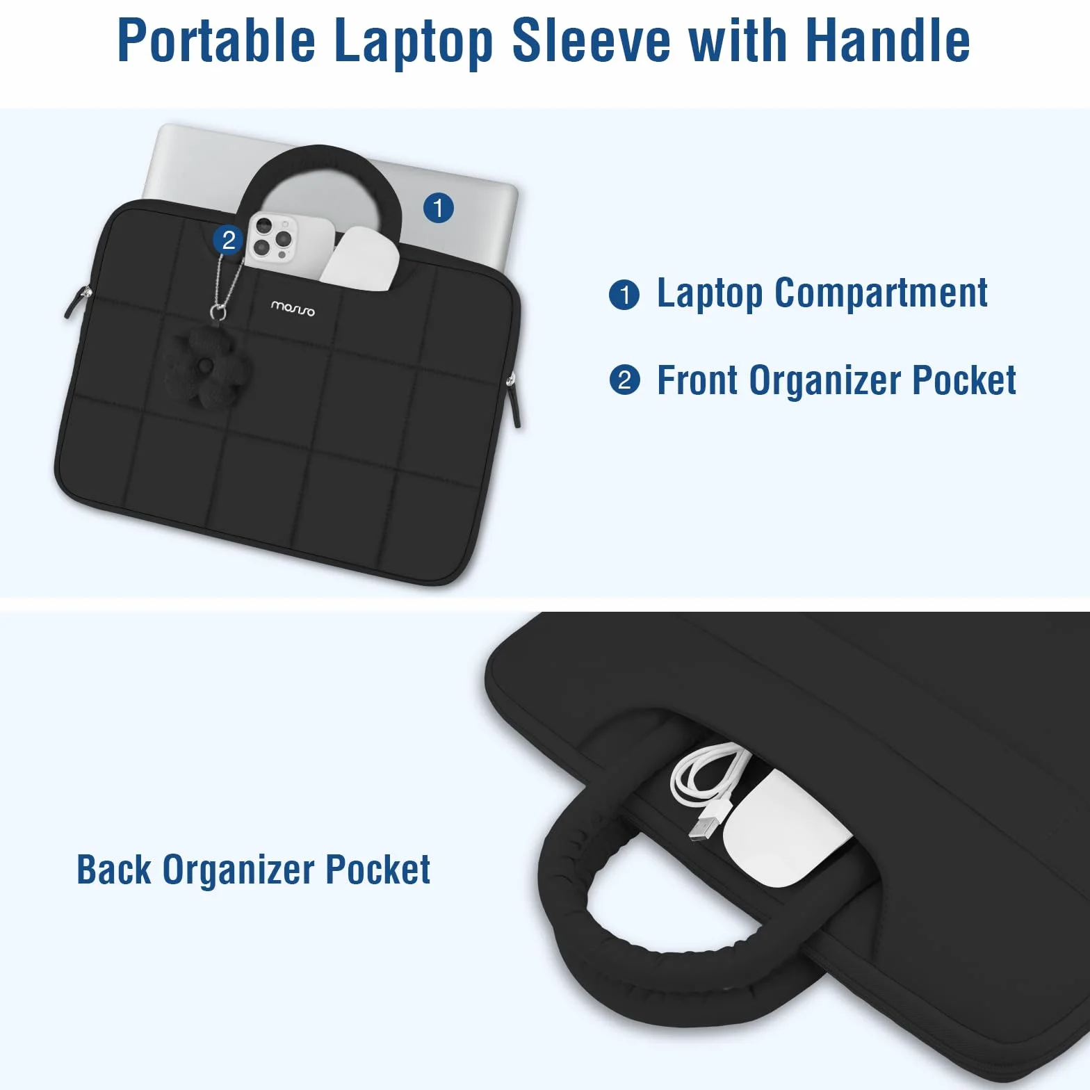 MOSISO 13.3 pollici Custodia Laptop,13-13.3 pollici Borsa PC Gonfia Compatibile con MacBook Air 13 13.6/Neo/Pro 13/14,HP ASUS Lenovo,Borsa Rectangle Quilted Manico&Ciondolo Flower, Nero