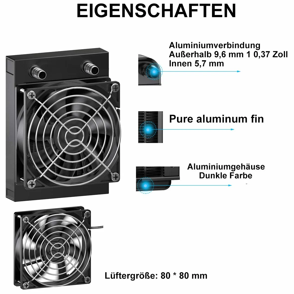 Radiatore ad acqua Cooling, 8 tubi in alluminio, con ventola per PC, PC, PC, computer, sistema di raffreddamento dell'acqua, DC12 V, 80 mm