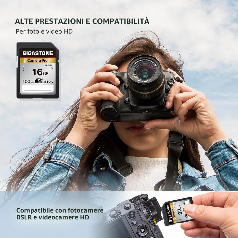 GIGASTONE Scheda SD 16GB, Set da 5, 4K Camera Pro, V10, Scheda Memoria 16 GB SDHC, Velocità fino a 100MB/s Compatibile con Canon Nikon Sony Camcorder, V10 UHS-I Classe 10 per video 4K UHD