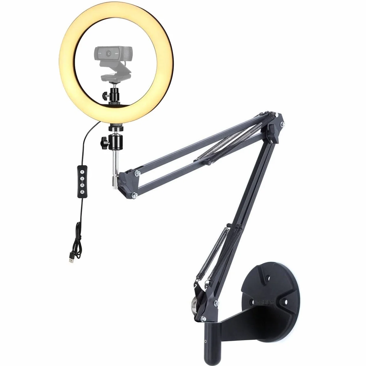 Supporto da parete per webcam con Luce, braccio supporto con luce ad anello da 26 cm compatibile con webcam Logitech C920s StreamCam C922x C930 C925e Brio C615