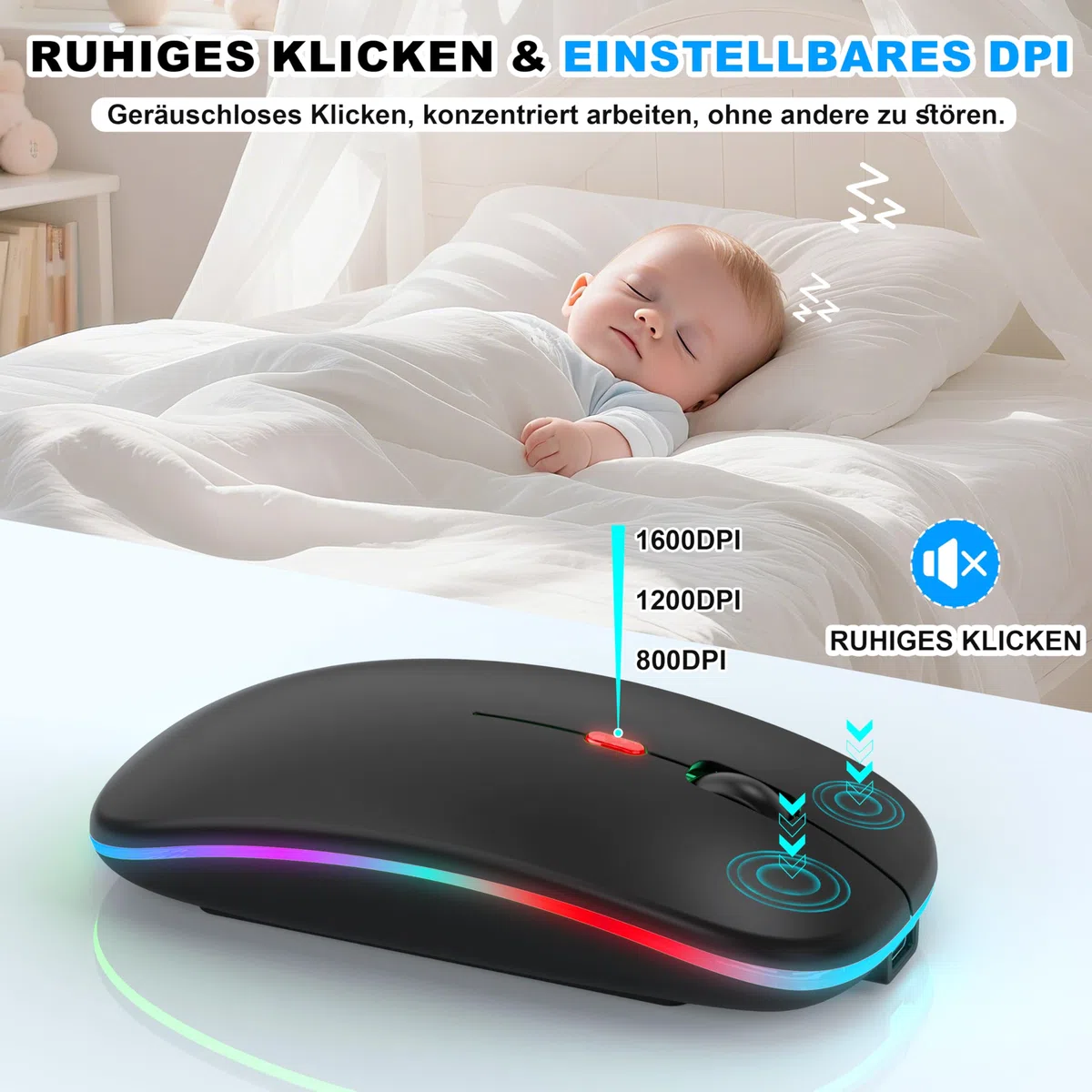 Mouse wireless con modalità jiggler – Bluetooth 5.2 & 2.4G radio per computer portatile, PC, iOS, Android, iPad e Windows, LED a 7 colori e 1600 DPI ottico (Modalità Jiggler, Nero)