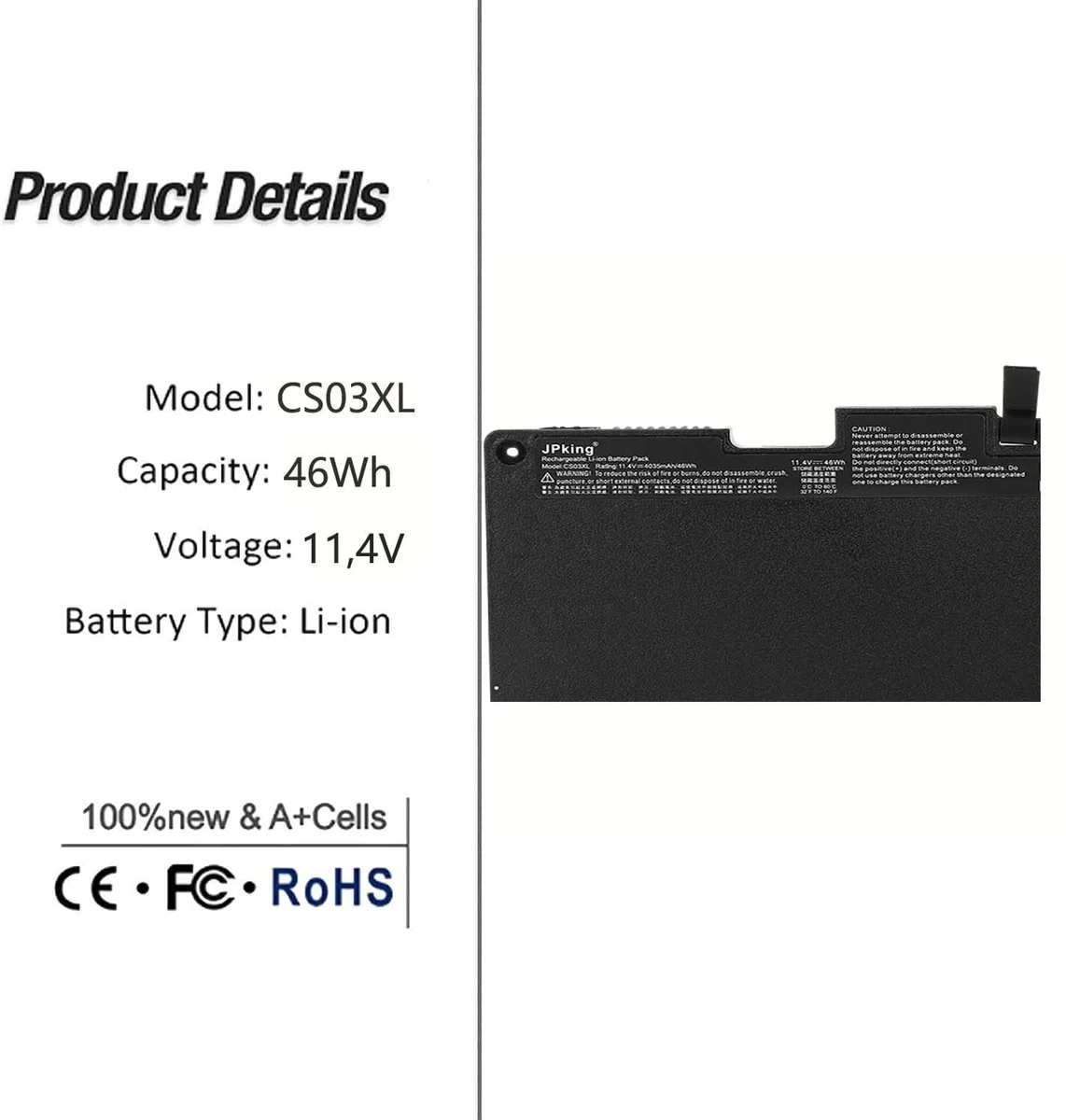 JPking CS03XL Batteria per laptop HP EliteBook 745 755 840 850 G3 G4 848 G3 ZBook 15u G3 G4 mt42 mt43 T7B32AA HSTNN-I33C-4 HSTNN-I33C-5 HSTNN-I41C-4 HSTNN-IB6Y HSTNN-UB6S HSTNN-IB6Y CS03046XL-PL 46WH