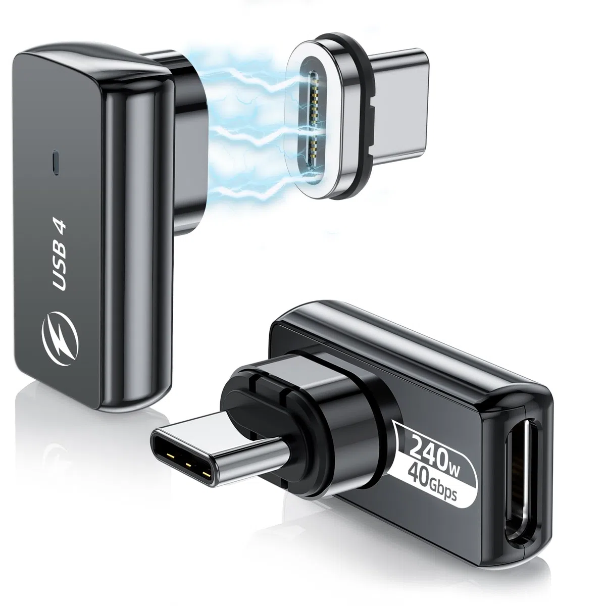 Adattatore magnetico USB-C 240 W (2 pezzi) adattatore magnetico USB-C a 90 gradi, 24 pin, con ricarica rapida PD, USB 4, 40 Gbps, 8 K, 60 Hz per Thunderbolt 3/4, MacBook Pro/Air e altri dispositivi di