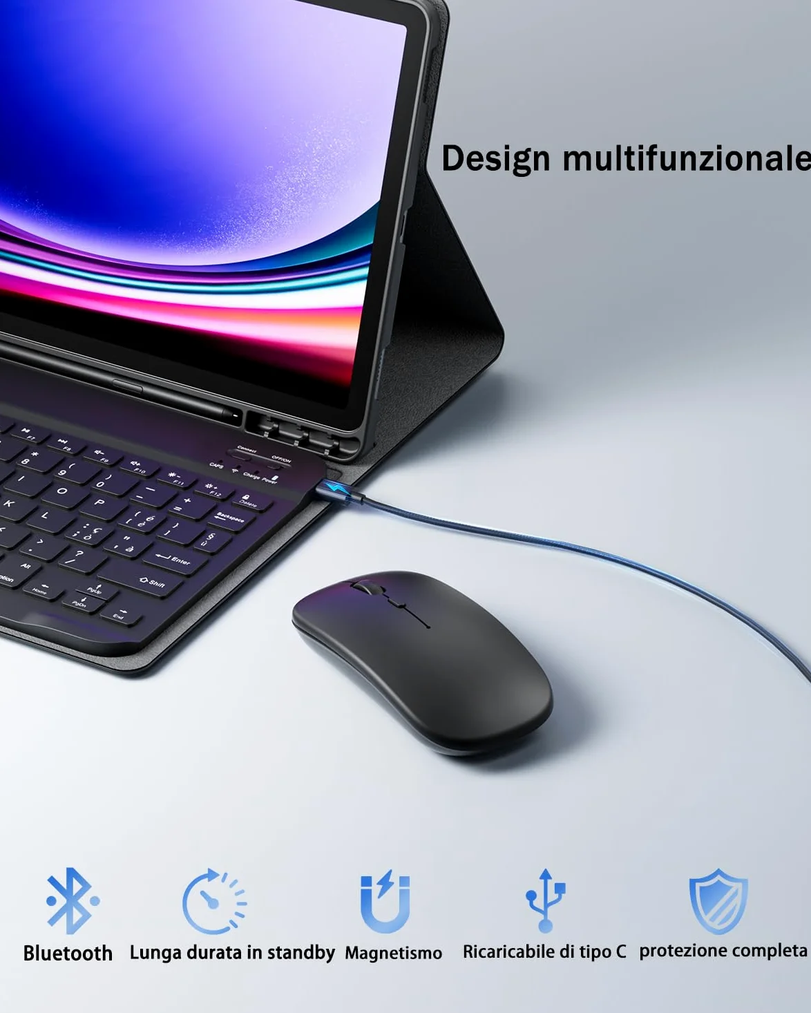 Cover Per Samsung Galaxy Tab A8 10.5 Pollici (2022) con Bluetooth Wireless Tastiera Ltaliano (QWERTY) Essere Caricata e Mouse Coperchio Protettivo con Scanalatura Portapenna Keyboard Case Nero