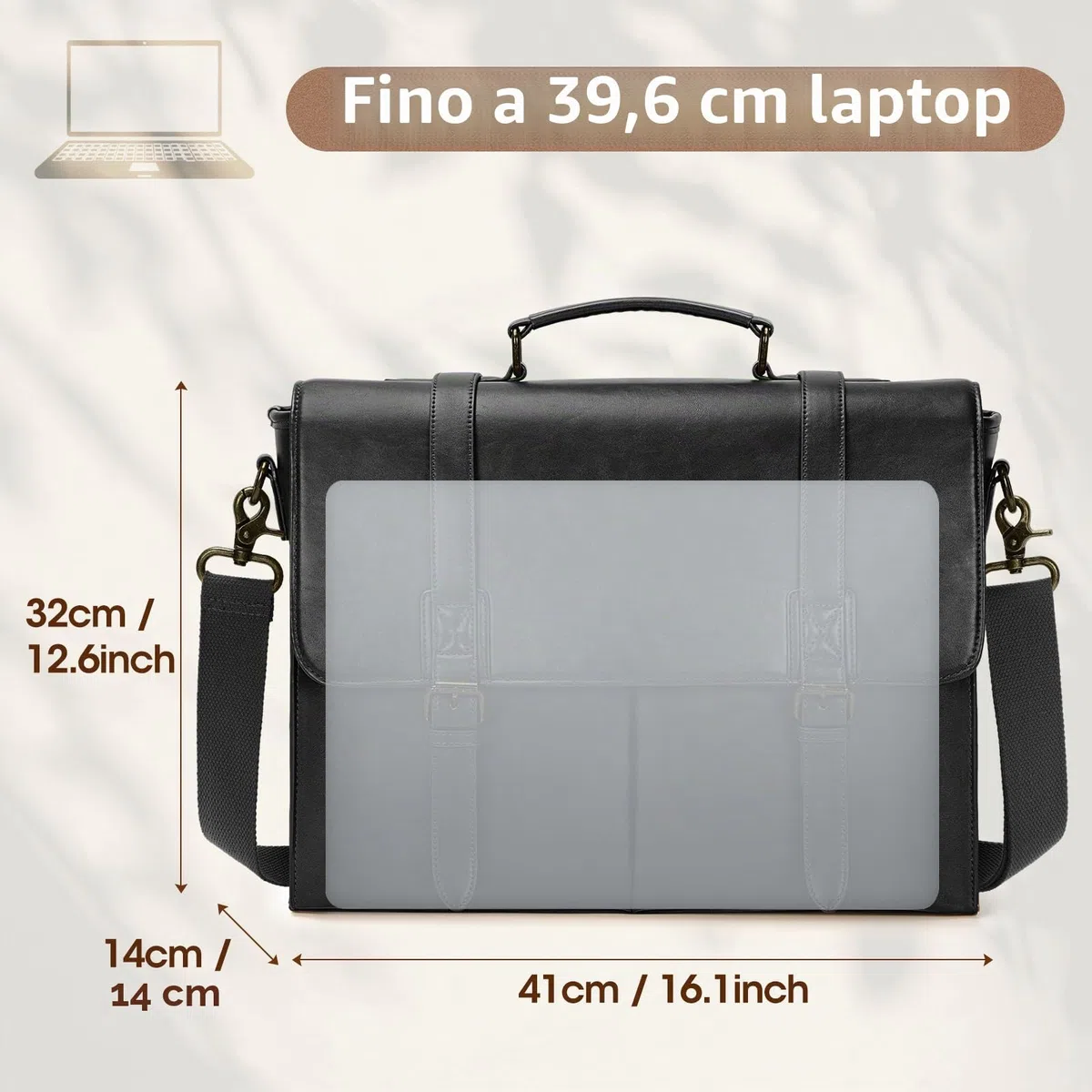 RAINSMORE Borsa Porta PC 15.6 Pollici Lavoro Uomo Ufficio in Pelle PU a Tracolla Documenti Computer Portatile Impermeabile