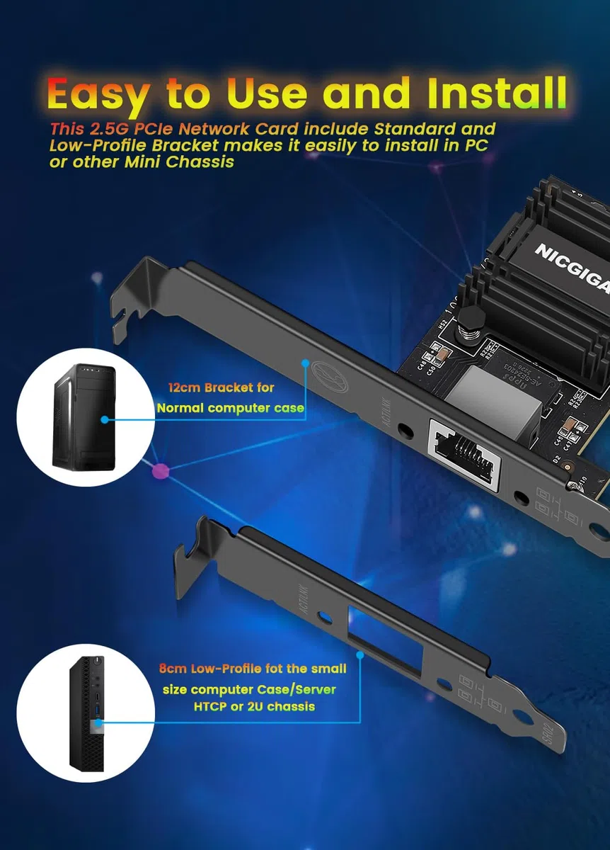 NICGIGA 2.5G Base-T PCIe Network Adapter, Realtek RTL8125B 2.5Gbps/1Gbps/100Mbps PCI Express Gigabit Network Card Convert to Ethernet RJ45 LAN Port for Gaming/Office, Support Windows/Linux