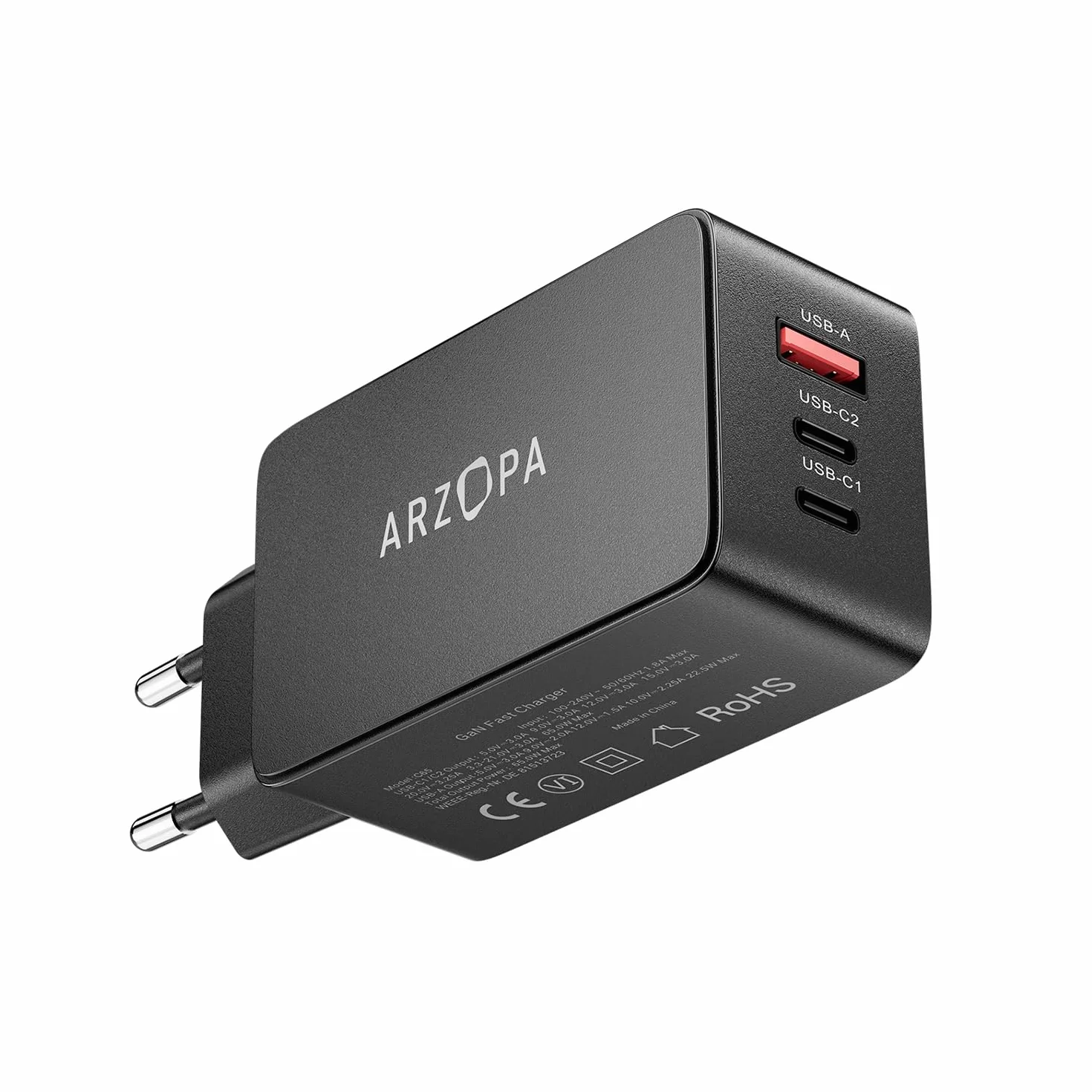 ARZOPA 65W Caricatore USB C Rapido Multiplo GaN Alimentatore 3 Porte Caricabatterie USB C PD 3.0 PPS Compatibile Galaxy S24/S23/S22/S21, MacBook PRO/Air, iPad PRO/Air, iPhone 15/14/13-C65