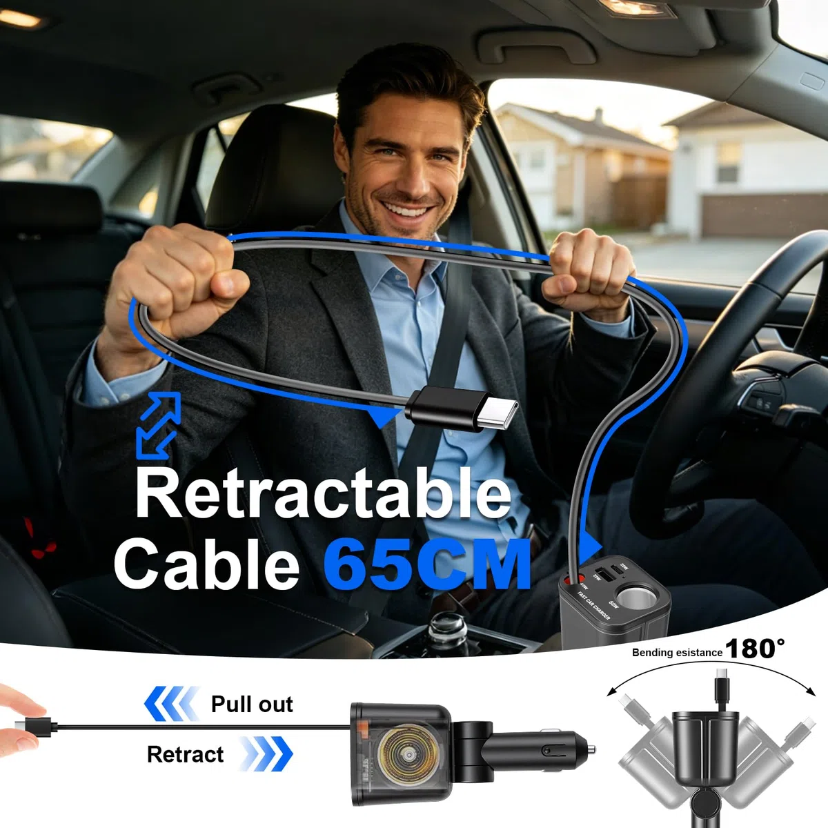 4 in 1 presa accendisigari USB C, 145 W, caricatore da auto con cavo retrattile di tipo C, adattatore USB da 12 V/24 V, compatibile con iPhone17/16/Samsung S26