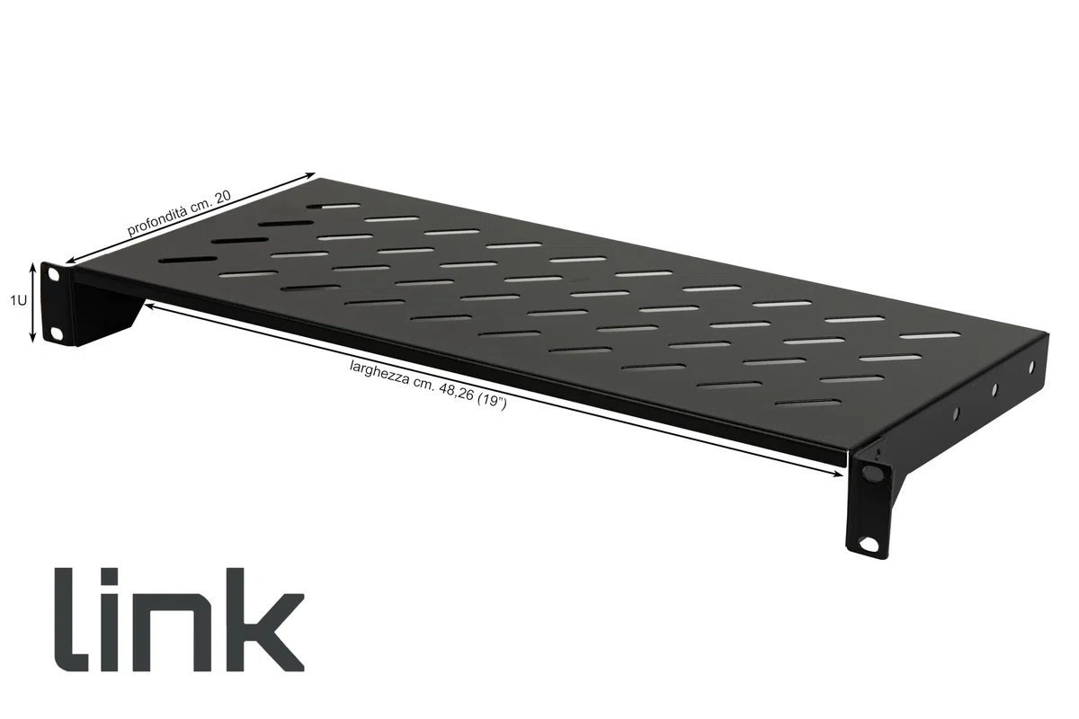 LINK LKRIP200N - Mensola in acciaio per armadio rack 19" (200 mm profondità, nero RAL9005) – Superficie traforata per ventilazione – Portata 30 kg e attacchi frontali universali