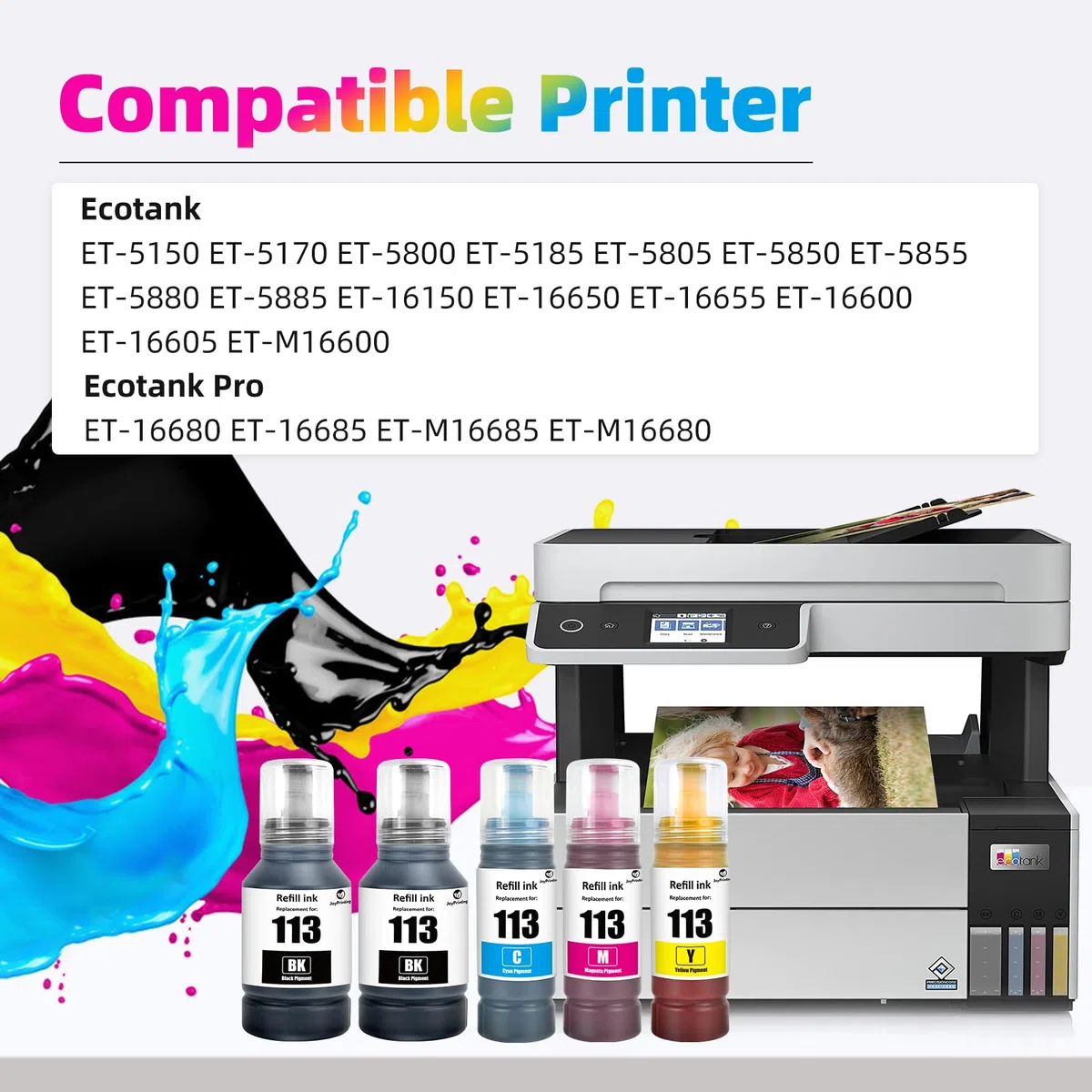 113 Pigment Ink Bottle Ricambio per Epson 113 Compatibile con EcoTank ECOTANK ET-5150/ET-5170/ET-5800/ET-5185/ET-5805/ET-5850/ET-5855/ET-5880/ET-16150/ET-16600/ET-1666 05/ET-16685