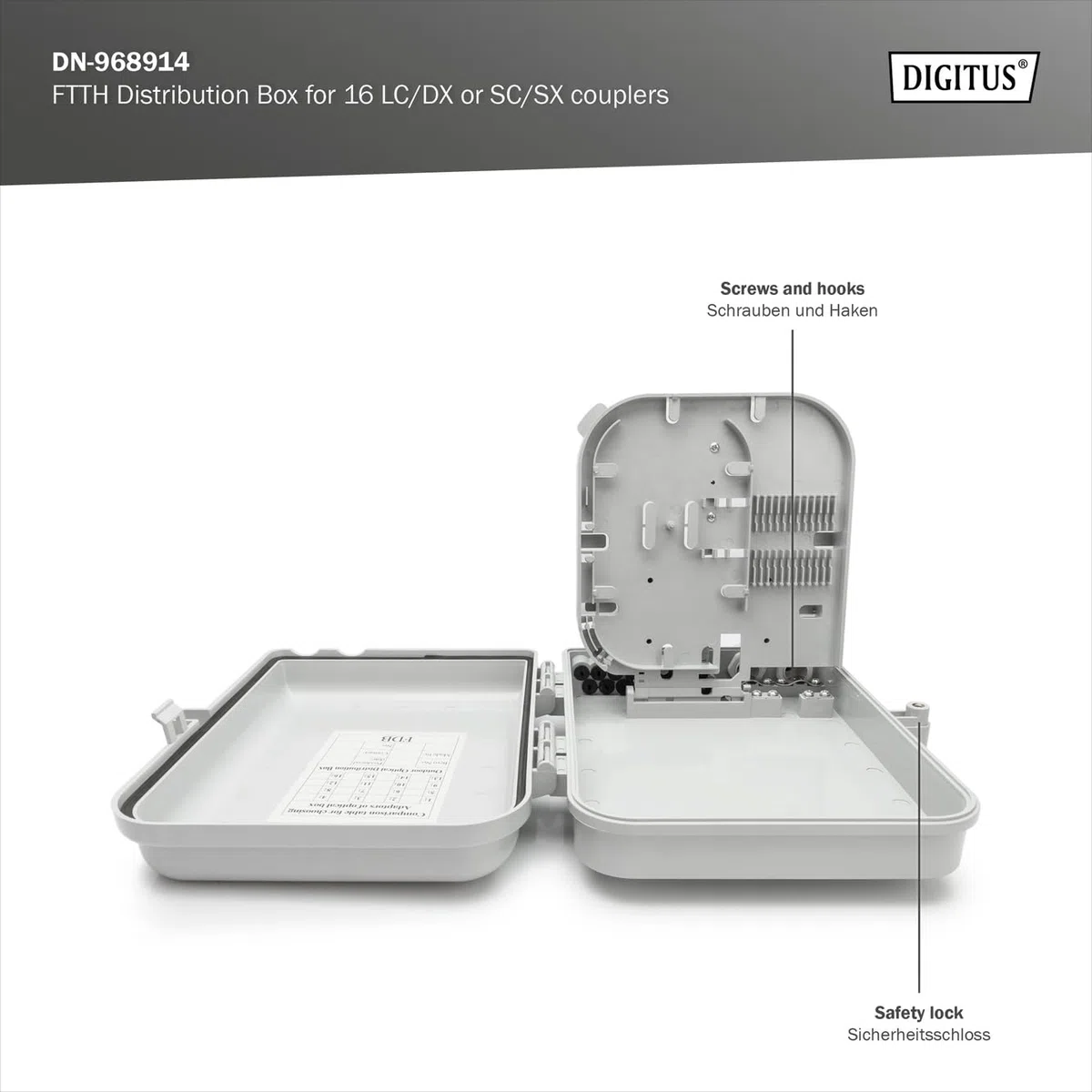 DIGITUS Scatola di distribuzione FTTH da esterno - 16x LC/Duplex o 16x SC/Simplex - Classe di protezione IP65 - Cassetta di giunzione per fibra ottica - Grigio